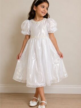 New Girls White Organza Party Dress Puff Sleeve Flower Girl Communion Size 6